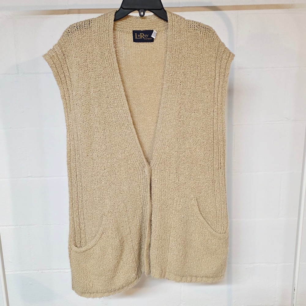 LeRoy‎ Knitwear Vintage Tan Beige Textured Knit Button Front Sweater Vest XL